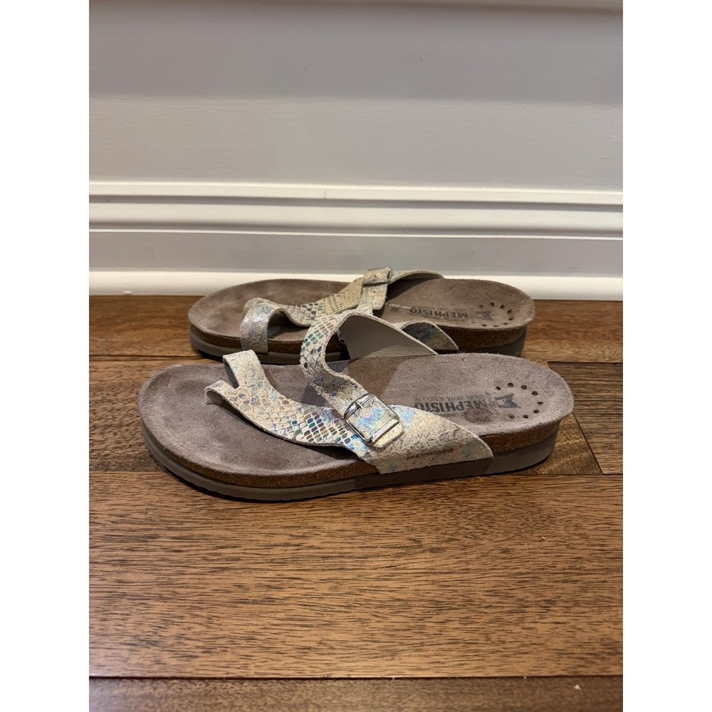 Mephisto Helen Sandals Women 42 Snakeskin Print Buckle Straps Gray Silver Boho
